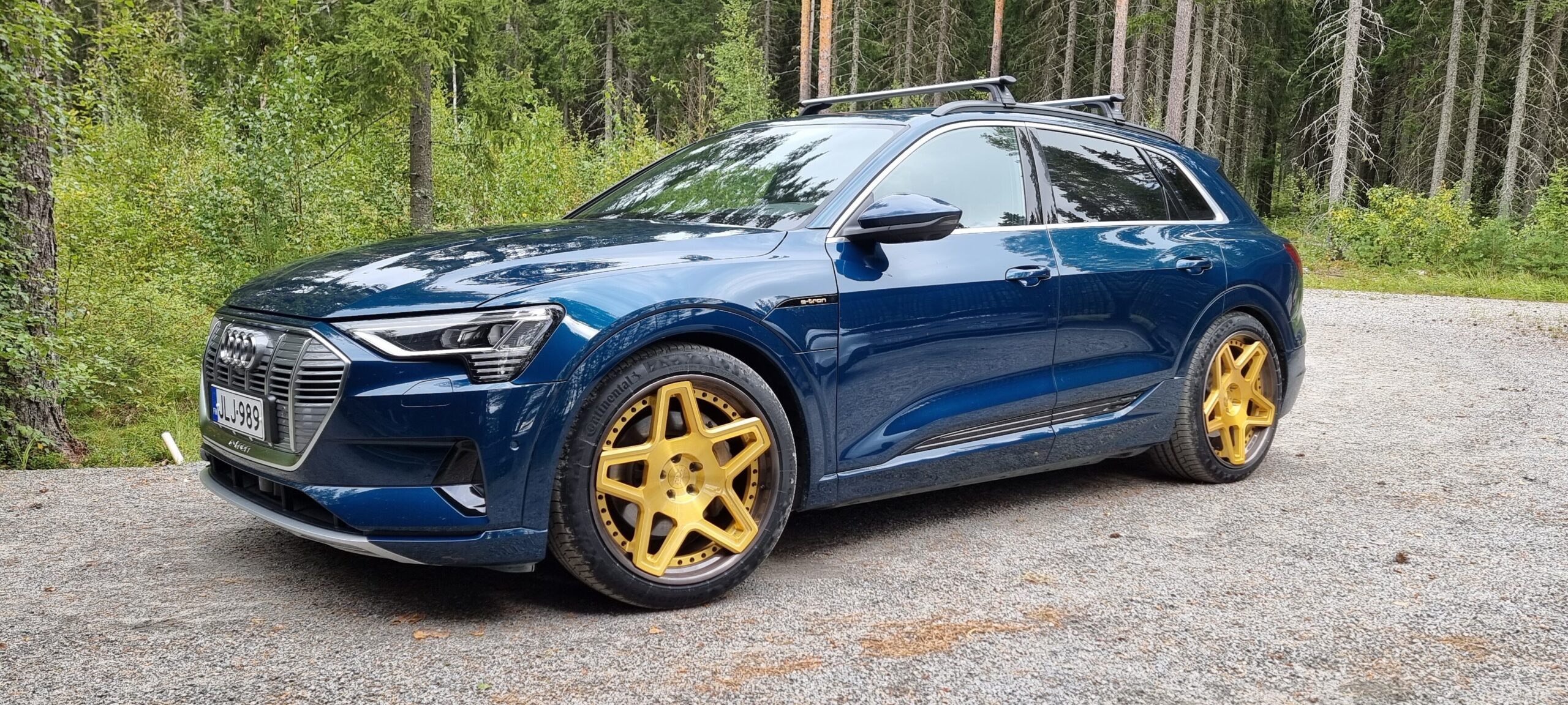Heikin sininen Audi e-tron metsätiellä